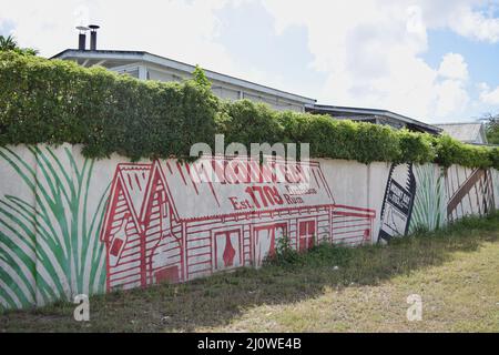 Mount Gay Barbados fabbrica graffiti sulla recinzione sito. Foto Stock