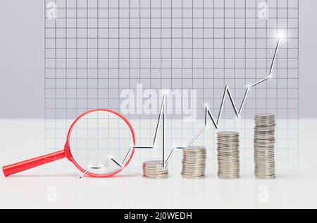 Grafico di incremento della pila di monete con frecce. Gestione del rischio business finanziario e investimenti, tabella bianca Foto Stock