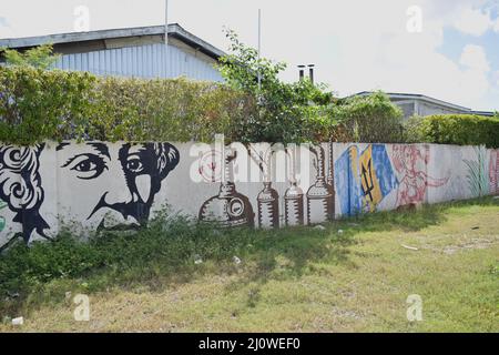 Mount Gay Barbados fabbrica graffiti sulla recinzione sito. Foto Stock