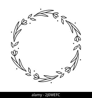 Corona floreale primavera isolato su sfondo bianco. Cornice rotonda con fiori. Illustrazione vettoriale disegnata a mano in stile doodle. Perfetto per le carte Illustrazione Vettoriale