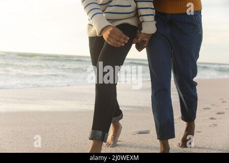 Sezione bassa di coppia biraciale che tiene le mani mentre camminano insieme sulla riva alla spiaggia durante il tramonto Foto Stock