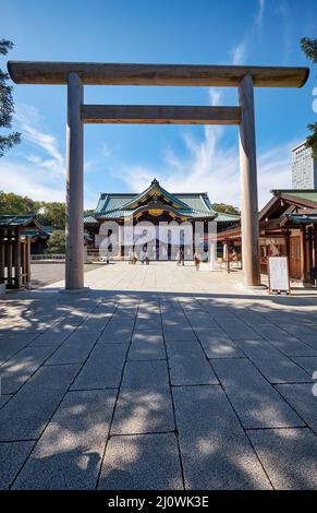 La vista di Haiden (sala principale) attraverso il Chumon Torii al Santuario di Yasukuni. Tokyo. Giappone Foto Stock