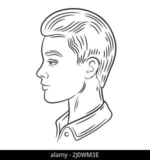 Icona linea verticale profilo uomo volto. Vista laterale testa maschio. Avatar facciale elegante per l'utente umano. Uomo d'affari elegante con hairstyle moda. Vettore Illustrazione Vettoriale