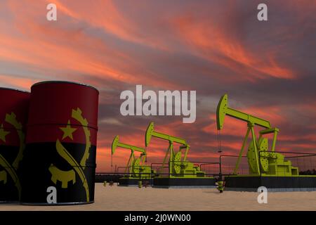 Estrazione dell'olio di zucca piacevole e cielo nuvoloso al tramonto con la bandiera DELL'ANGOLA su petrolio barili 3D rendering Foto Stock