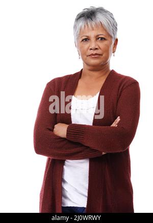 Stile di vita maturo. Studio girato di una donna matura isolato su bianco. Foto Stock