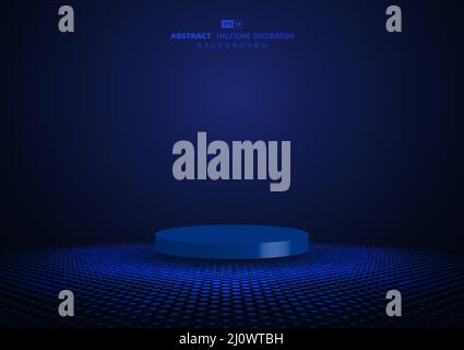 Astratto spettacolo futuristico blu podio su cerchio geometrico sfondo decorazione halftone. Decorativo per il caso del prodotto in futuro sfondo. Illustrazione Vettoriale