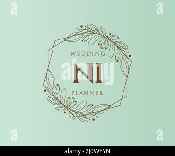 NI iniziali lettera Wedding monogramma collezione loghi, disegnati a mano moderni minimalistici e modelli floreali per carte di invito, Salva la data, elegante Illustrazione Vettoriale