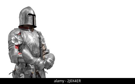 Cavaliere in metallo lucido armor su uno sfondo bianco. Foto Stock