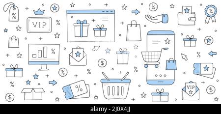 Il programma fedeltà premia il concetto di doodle. Smartphone con carrello acquisti sullo schermo. Applicazione mobile per clienti vip, confezione regalo, mano, segno di percentuale, coupon di vendita, Illustrazione vettoriale stella, linea art Illustrazione Vettoriale