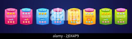 Schede di gioco con punteggio di livello, vinci e perdi banner per interfaccia utente. Set di cartoni animati vettoriali colorati con livelli, punteggi, stelle d'oro, monete e bottoni Illustrazione Vettoriale
