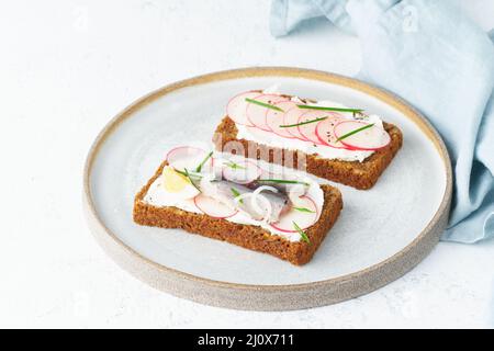 Smorrebrod saporito, due tradizionali sandwich danesi. Pane di segale nero Foto Stock