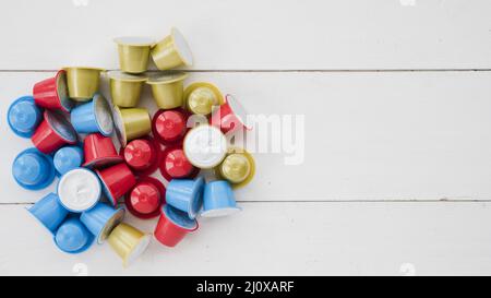 Vista dall'alto delle capsule di caffè. Foto di alta qualità Foto Stock