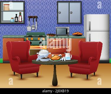 Accogliente cucina interna con mobili e set di tavolo da pranzo Illustrazione Vettoriale