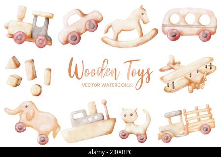 giocattoli in legno acquerello set collezione arte grafica disegno illustrazione vettore Foto Stock