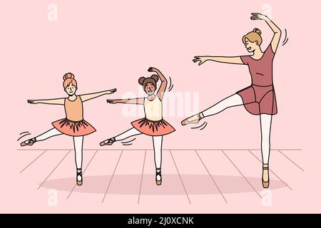 Buon giovane insegnante di balletto in tutu ballando con piccole ragazze internazionali in classe. Sorridendo ballerina bambini insegnare ballerino si muove con l'allenatore al chiuso. Hobby e intrattenimento. Illustrazione vettoriale. Illustrazione Vettoriale