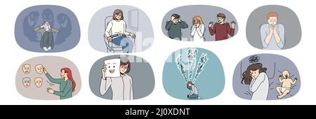 Un gruppo di persone spaventate e diverse si sentono terrorizzate e soffrono di attacchi di panico. La raccolta di uomini e donne lotta con ansia e paura, hanno problemi mentali psicologici. Illustrazione vettoriale. Illustrazione Vettoriale