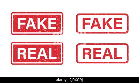 Timbro in gomma per supporti e documenti falso e vero grunge. Adesivo con segno falso e reale. Simbolo di verità e menzogne. Grunge rosso vintage etichetta quadrata Illustrazione Vettoriale