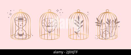 Gabbia d'oro. Sandglass, natura in gabbie, elementi bohémien linea mistica. Simboli magici, metafora della prigionia e perdita di tempo, vettore set Illustrazione Vettoriale
