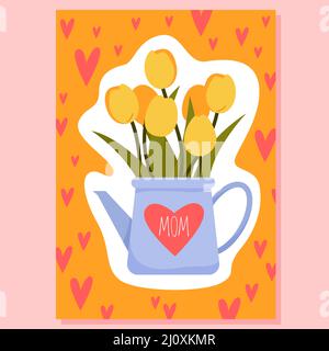 Biglietto di auguri per la festa della mamma con bouquet primaverile, cuori rossi e simpatico mazzo di tulipani Illustrazione Vettoriale