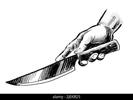 Mano con un coltello. L'inchiostro bianco e nero disegno Foto Stock
