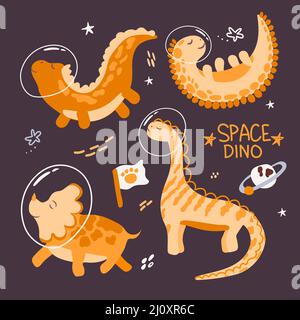 Carino astronauti dinosauri disegnati a mano in stile cartone animato. Dinosauri nello spazio con pianeti, comete e stelle intorno a loro. Può essere utilizzato per i biglietti d'auguri Illustrazione Vettoriale