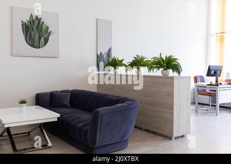 PMinsk, Bielorussia - 15 dicembre 2021: Foto di un divano viola scuro, un tavolino da caffè, dipinti con fiori e piante verdi in ufficio. Interno Foto Stock