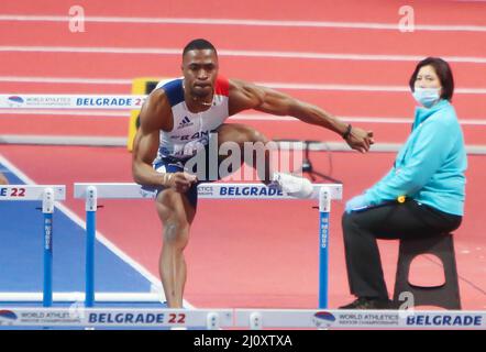 Belgrado, Serbia. 20th Mar 2022. Belgrado, Serbia. 20th Mar 2022. Wilhem BELOCIAN of France, Heats 60 M Hurdles Men durante il Mondiale Atletica Indoor Championships 2022 il 20 marzo 2022 allo Stark Arena di Belgrado, Serbia - Foto Laurent Lairys / DPPI Credit: DPPI Media/Alamy Live News Credit: DPPI Media/Alamy Live News Foto Stock