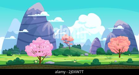 Fantasy paesaggio, colline verdi, alberi in fiore, primavera, montagne, panorama. Illustrazione di sfondo del cartone animato vettoriale Illustrazione Vettoriale
