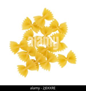 mucchio di pasta cruda farfalle isolato su sfondo bianco, vista dall'alto, ingrediente della cucina italiana Foto Stock