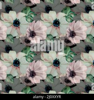 Anemone fiori senza cuciture pattern. Disegno a mano acquerello bianco fiore, foglie verdi, illustrazione vintage su sfondo nero per il design tessile Foto Stock