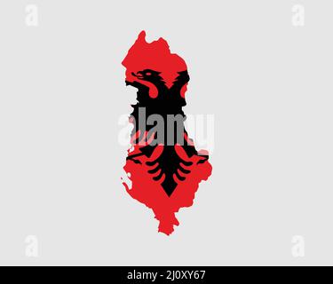 Bandiera della carta albanese. Mappa dell'Albania con la bandiera nazionale dell'Albania isolata su sfondo bianco. Illustrazione vettoriale. Illustrazione Vettoriale