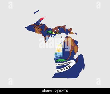 Bandiera della mappa del Michigan. Mappa di MI, Stati Uniti d'America con bandiera di stato. Stati Uniti, America, America, Stati Uniti d'America, Stati Uniti Banner. Illustratio vettoriale Illustrazione Vettoriale