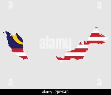 Bandiera mappa Malesia. Mappa della Malesia con la bandiera malese. Illustrazione vettoriale. Illustrazione Vettoriale