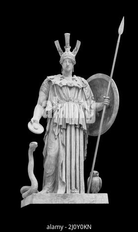 Antica statua greca romana della dea Atena dio della saggezza e le arti scultura storica isolata su nero con pat clipping Foto Stock