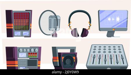 Studio musicale. Altoparlante mixer audio registratore acustico ingegneria del suono microfono e amplificatore Garish strumenti di musica vettoriale Illustrazione Vettoriale