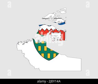 Bandiera della mappa dei territori del nord-ovest. Mappa di NT, Canada con bandiera. Territorio federale canadese. Banner illustrazione vettoriale. Illustrazione Vettoriale