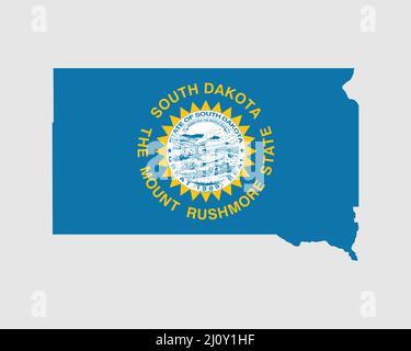 Bandiera della mappa del South Dakota. Mappa di SD, Stati Uniti d'America con la bandiera di stato. Stati Uniti, America, America, Stati Uniti d'America, Stati Uniti Banner. Vettore illustraz Illustrazione Vettoriale