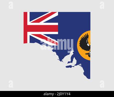 Bandiera della mappa dell'Australia Meridionale. Mappa di SA, Australia con la bandiera di stato. Stato australiano. Banner illustrazione vettoriale. Illustrazione Vettoriale