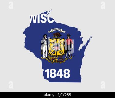 Bandiera della mappa del Wisconsin. Mappa di WI, Stati Uniti d'America con la bandiera di stato. Stati Uniti, America, America, Stati Uniti d'America, Stati Uniti Banner. Vettore illustrati Illustrazione Vettoriale