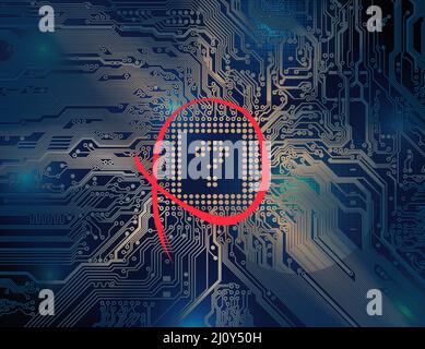 Concetto di carenza di chip. Carenza globale di processori a semiconduttori. Deficit chip. Scheda a circuito stampato, scheda madre. Background astratto della tecnologia Illustrazione Vettoriale