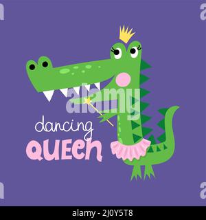 regina danzante - divertente scarabocchio disegnato a mano, coccodrillo cartoon. Ideale per poster o magliette in tessuto. Illustrazione disegnata a mano con vettore. Crocodi Illustrazione Vettoriale