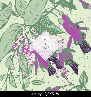 Un mazzo di fiori piacevolmente organizzato. Fiori fuchsia disegnati, illustrazione vettoriale artistica. Motivo floreale alla moda botanica, disegno grafico con wate Illustrazione Vettoriale