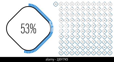 Set di diagrammi percentuali rettangolari metri da 0 a 100 pronti all'uso per web design, interfaccia utente o infografica - indicatore blu Illustrazione Vettoriale
