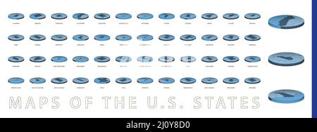 Mappe degli Stati Uniti in stile isometrico circolare, mappe in una tavolozza di colori blu. Illustrazione vettoriale. Illustrazione Vettoriale