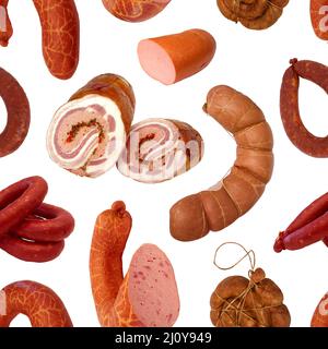 Modello senza giunture. La deliziosa e appetitosa affumicato e bollito le salsicce fatte di carni naturale. Foto Stock
