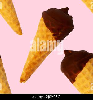 Ripetizione senza giunture. Gelato waffle corno in glassa al cioccolato. Foto Stock