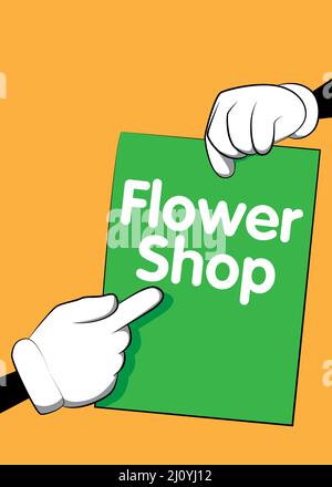 Banner con supporto a mano con testo Flower Shop su carta. Uomo che mostra il cartellone. Illustrazione Vettoriale