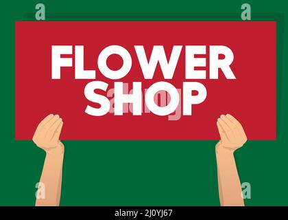 Banner con supporto a mano con testo Flower Shop su carta. Uomo che mostra il cartellone. Illustrazione Vettoriale