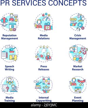 Set di icone concetto servizi PR Illustrazione Vettoriale