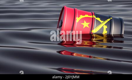 Tamburo di petrolio con bandiera nazionale dell'Angola che nuota in un oceano di petrolio nero. 3D rendering Foto Stock